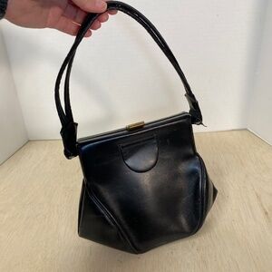 Vintage 1950's MARBETT CREATIONS Black Leather Handbag Purse Gold Clasp & Coin